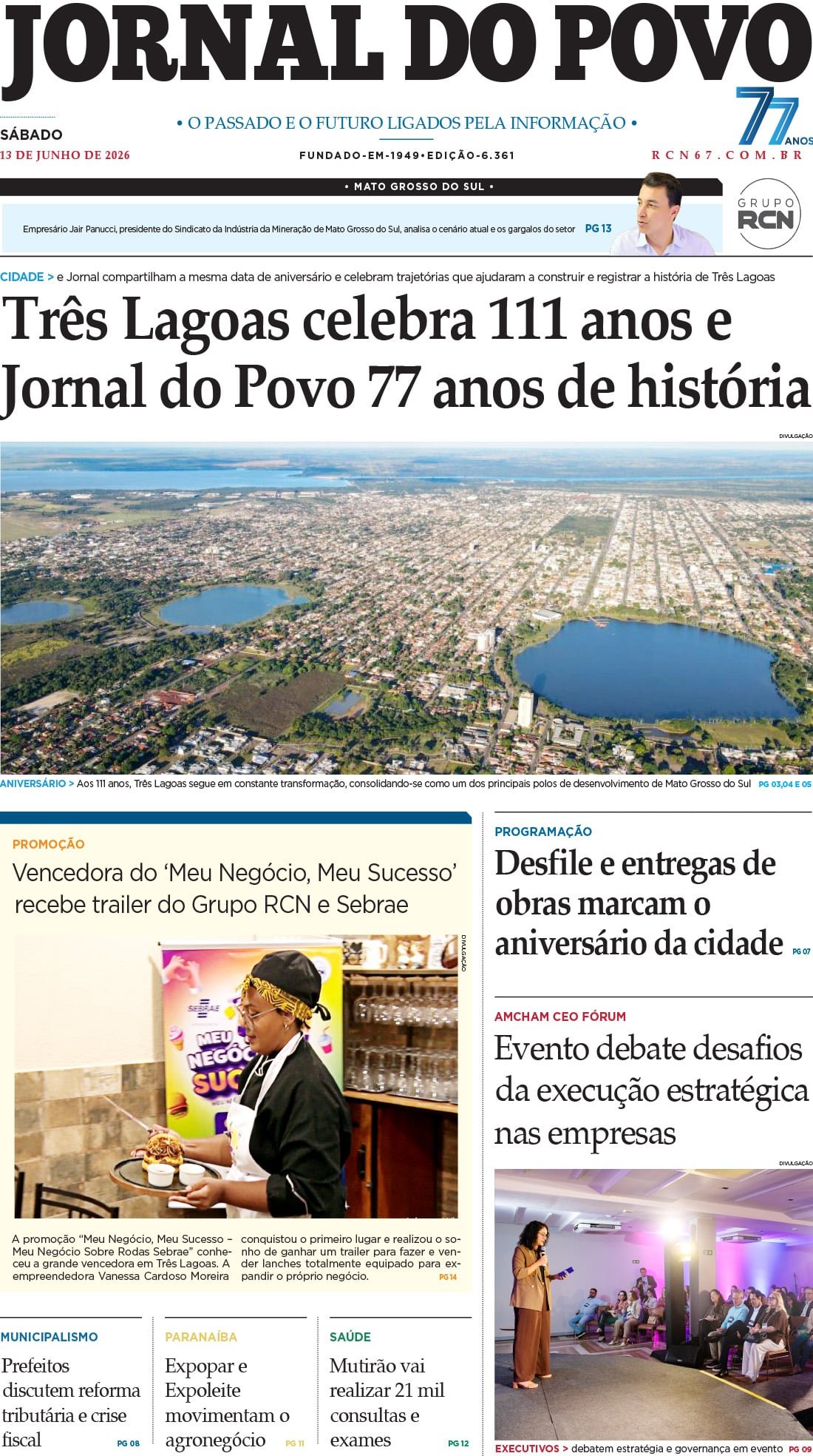 Jornal do Povo celebra 77 anos de história em Três Lagoas, que completa 111 anos de emancipação