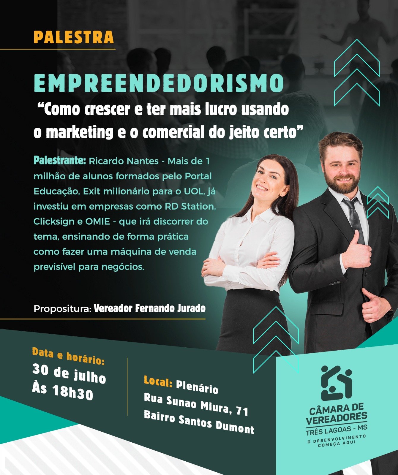Empreendedorismo em destaque: Câmara de Três Lagoas sedia palestra gratuita visando impulsionar negócios e elevar os lucros